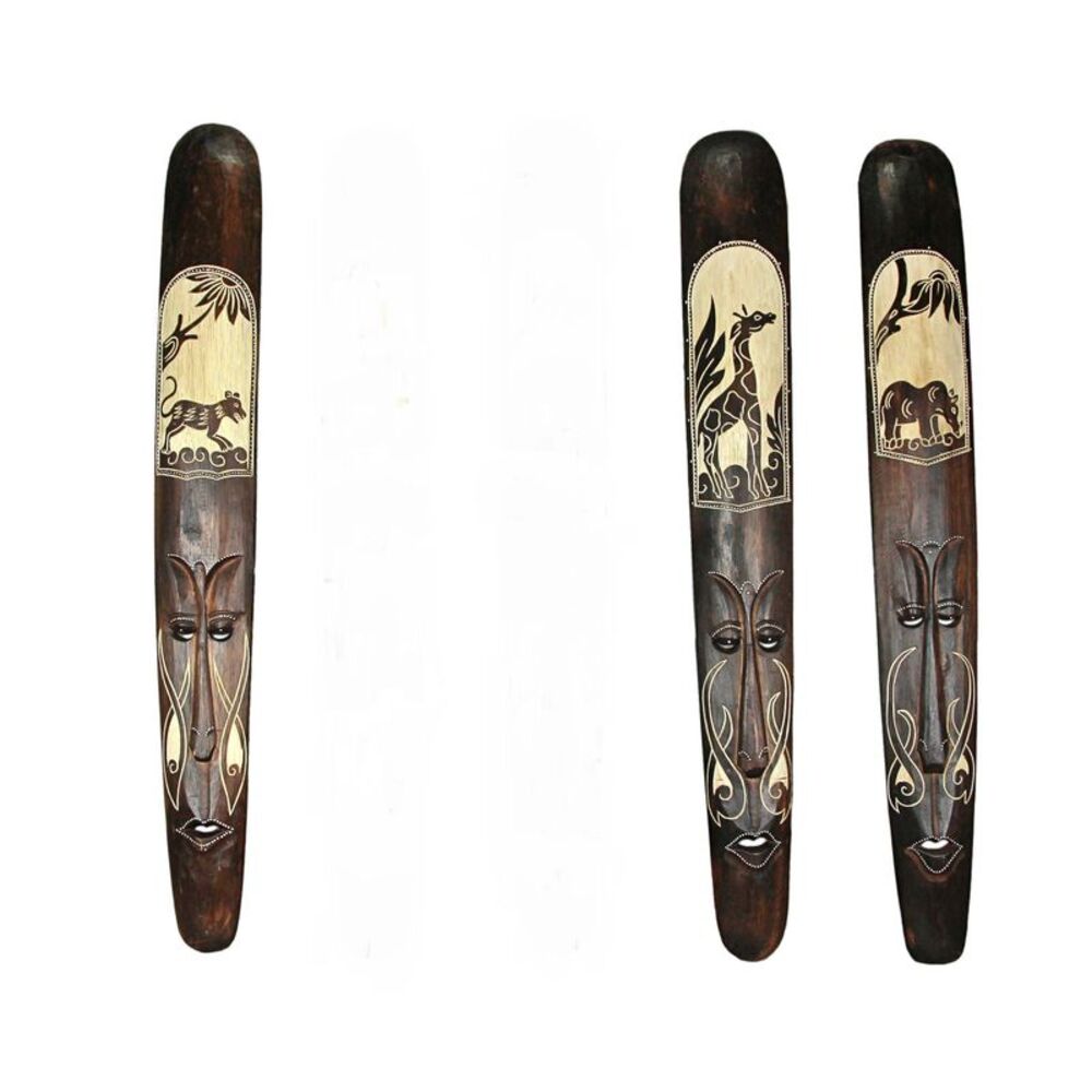 Set of Three 39 Inch Hand Carved African Style Tribal Masks Wall Bar Decor
